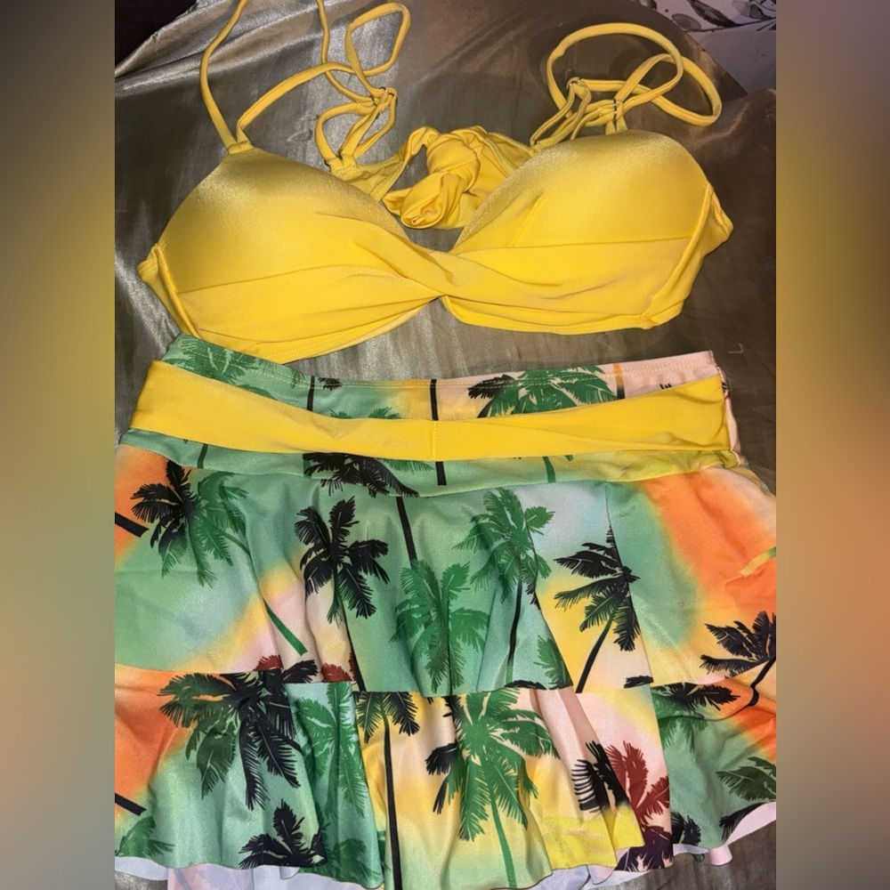 2 piece tropical swim skirt set